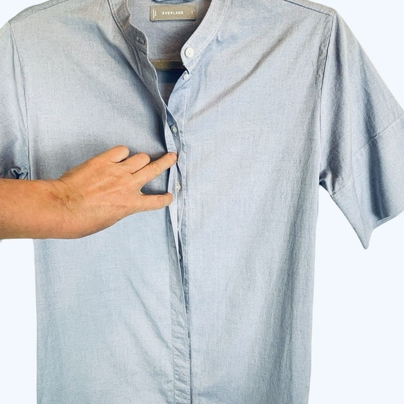 EUC Everlane Sz 2 Collarless Belted Shirt Dress. Shift Pockets. Cotton Blue - Picture 6 of 12